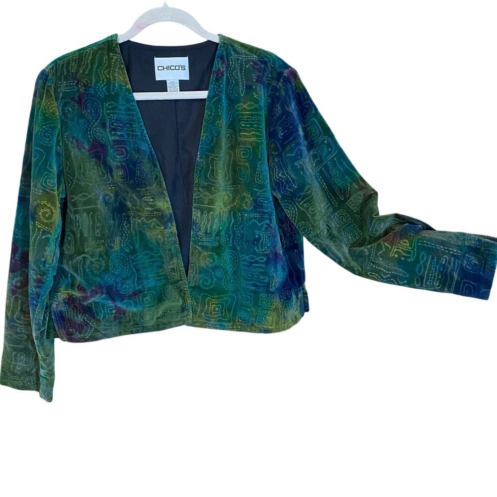 Chicoโs Velvet Burnout Jacket Multicolor Abstract Boho Open Front Size 1 medium